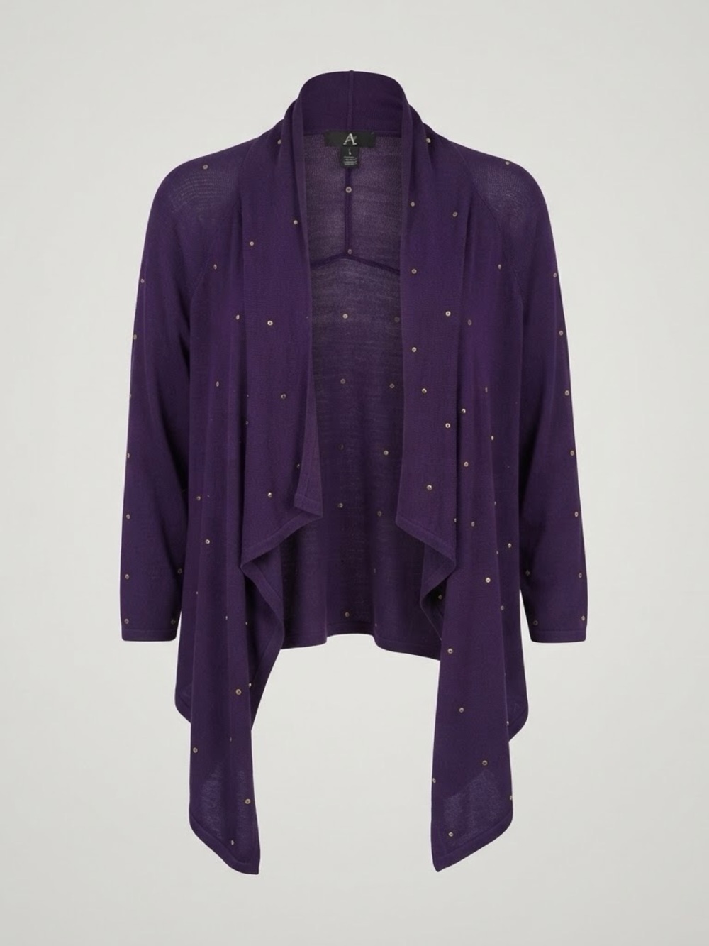 Cache Purple Draped Open-Front Cardigan with Gold Studs